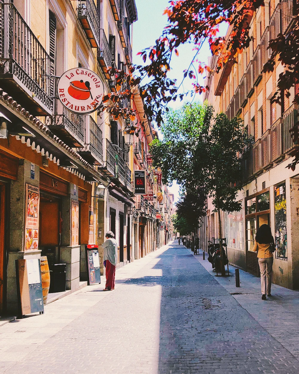 Calle peatonal con edificios tradicionales en Madrid